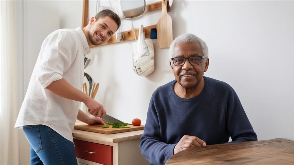 Caregiver preparing a meal with an older person at home